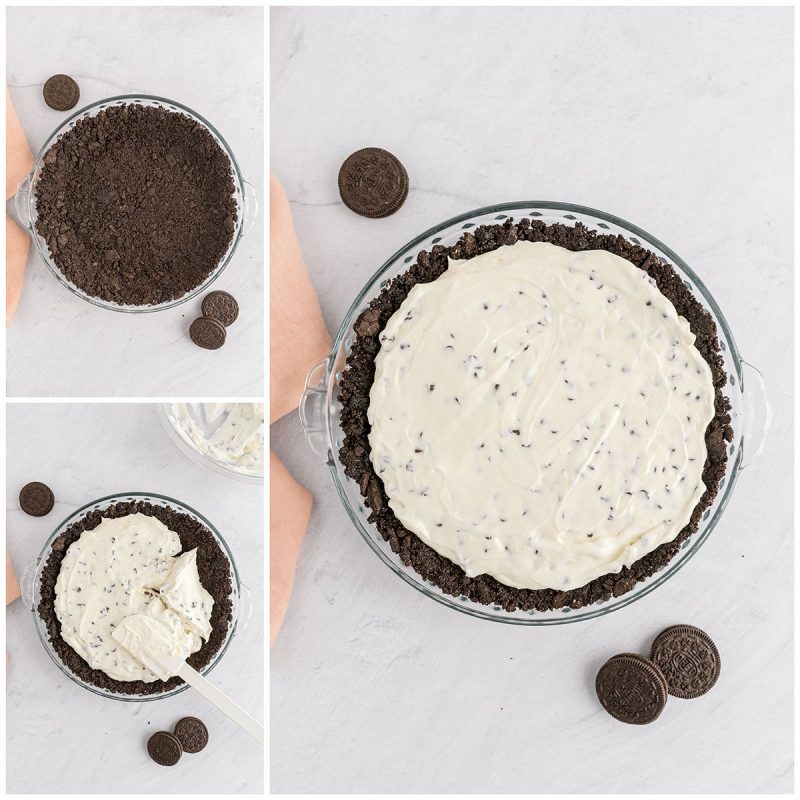 filling an oreo cookie crust in a pie plate with chocolate chip filling