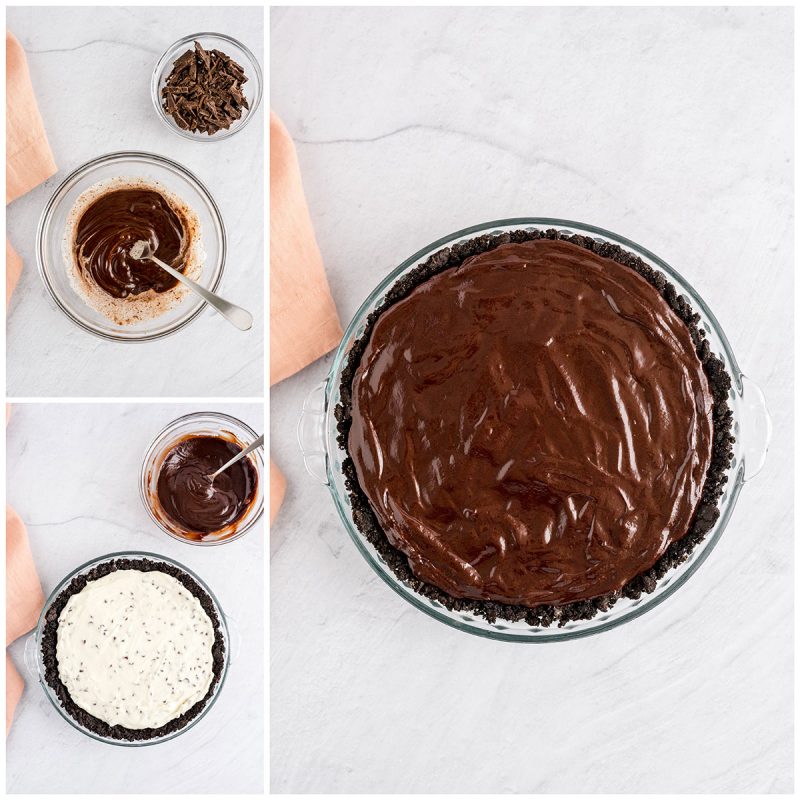 covering chocolate chip cheesecake in dark chocolate ganache
