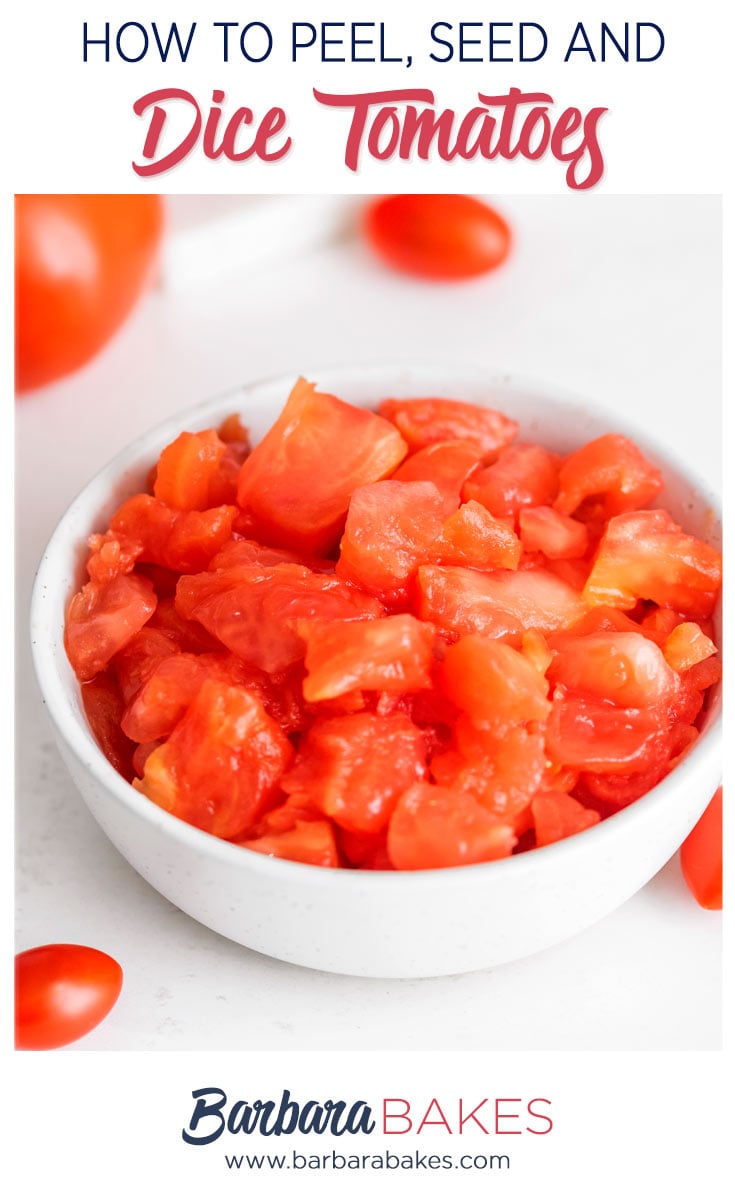 pinterest button with a bowl of diced, seeded and peeled fresh tomatoes