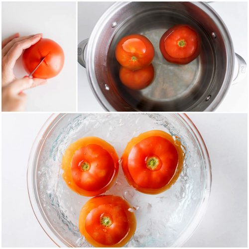 boiling fresh tomatoes and shocking in ice water to peel, dessed and dice them