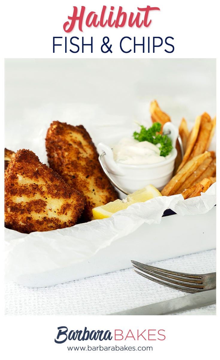 pinterest button for halibut fish and chips with tartar sauce