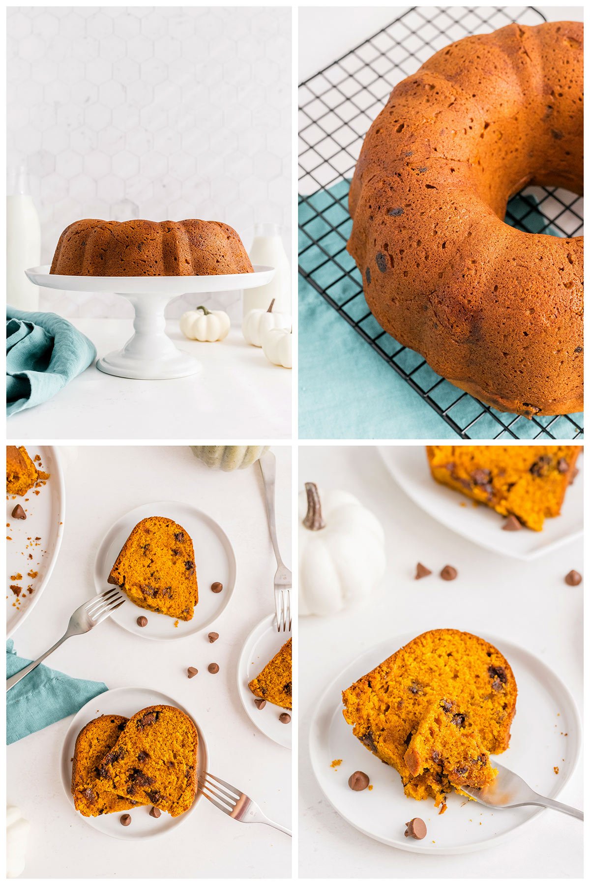 collage of images of finished pumpkin chocolate chip bundt cake
