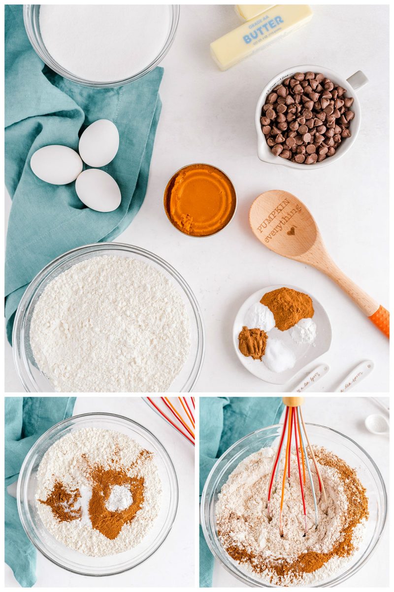 ingredients and mixing the batter for pumpkin chocolate chip bundt cake