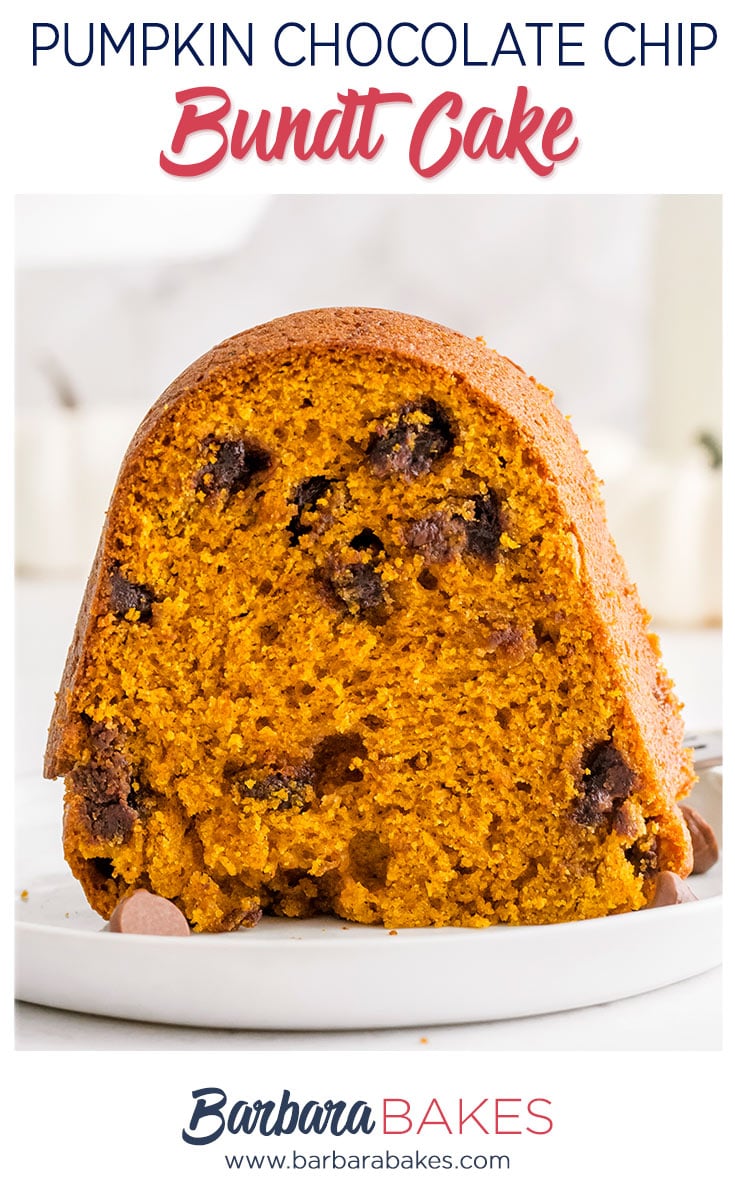 This Pumpkin Chocolate Chip Bundt Cake is moist, tender and loaded with the sweet, delicious flavors of fall. via @barbarabakes