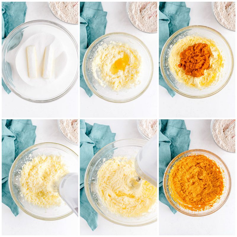 cream together butter and sugar, beat in the eggs, and then add the pumpkin puree 