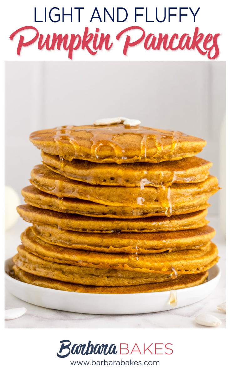 pinterest button of stack of pumpkin pancakes with maple syrup and butter