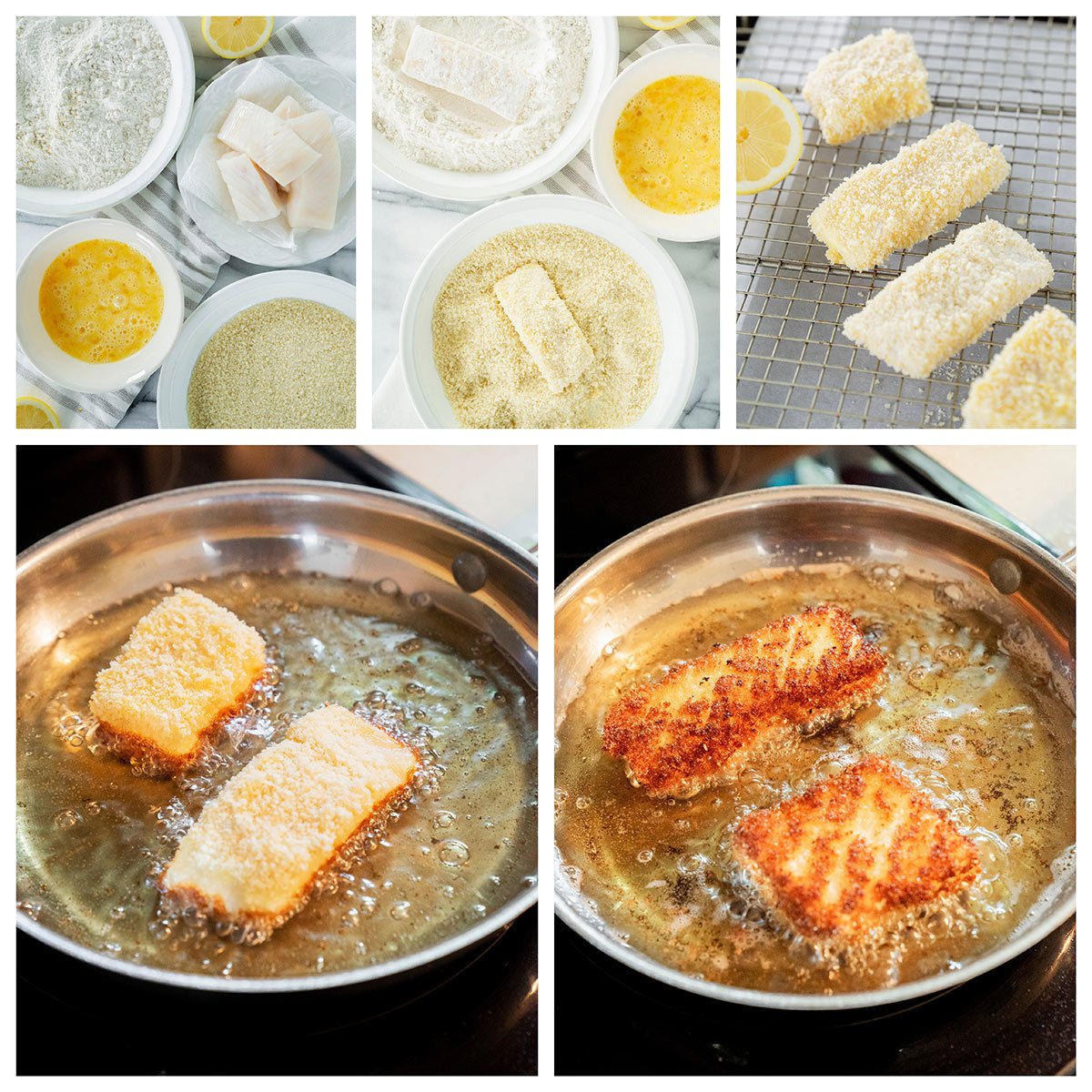 dredging halibut fillets in flour, eggs and panko breadcrumbs and frying in a skillet of oil