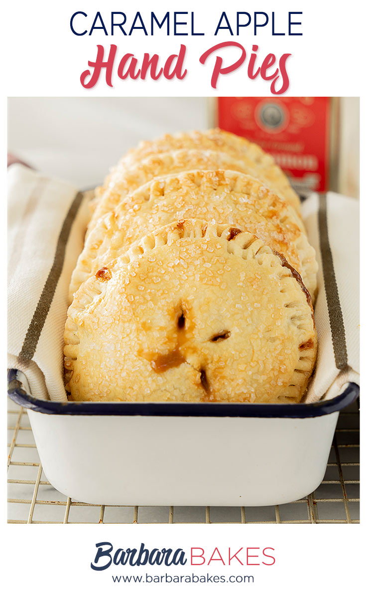 pinterest button for caramel apple hand pies in a white tin
