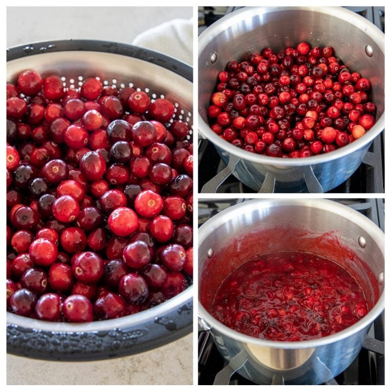 collage of photos rinsed, uncooked, and cooked cranberries