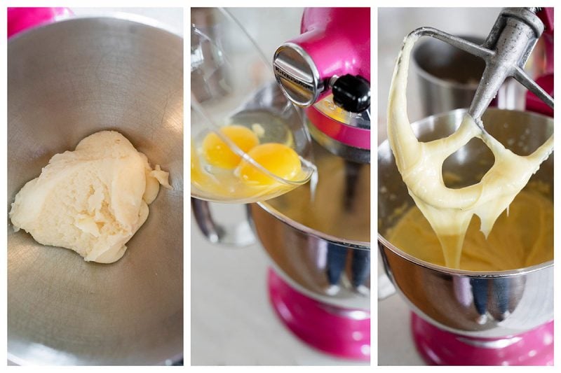 adding eggs to a mixer for homemade choux pastry