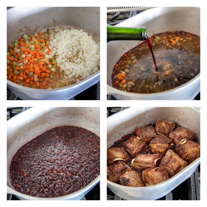 collage of pictures browned braised beef short ribs and creating the sauce