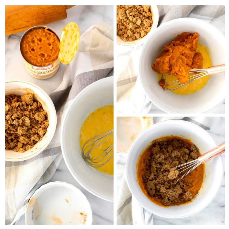 making the filling for homemade pumpkin pie with libby's pumpkin puree and brown sugar