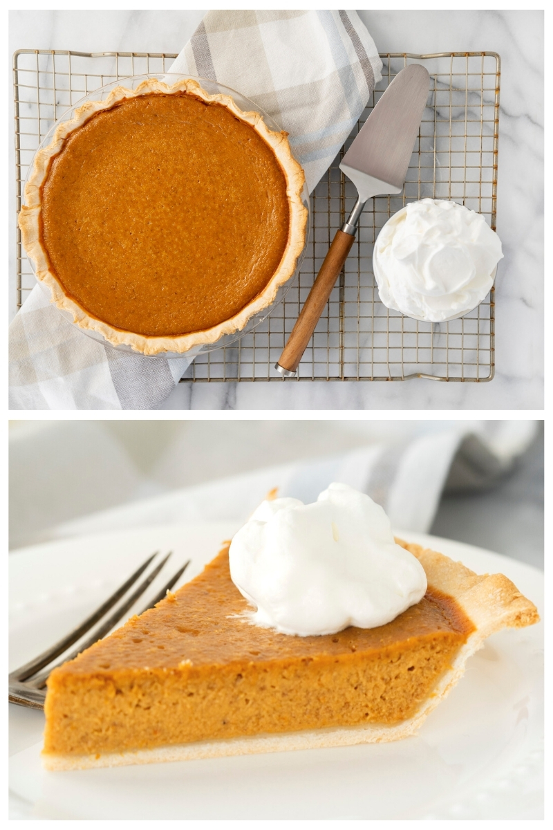 slicing homemade pumpkin pie with whipped cream on top