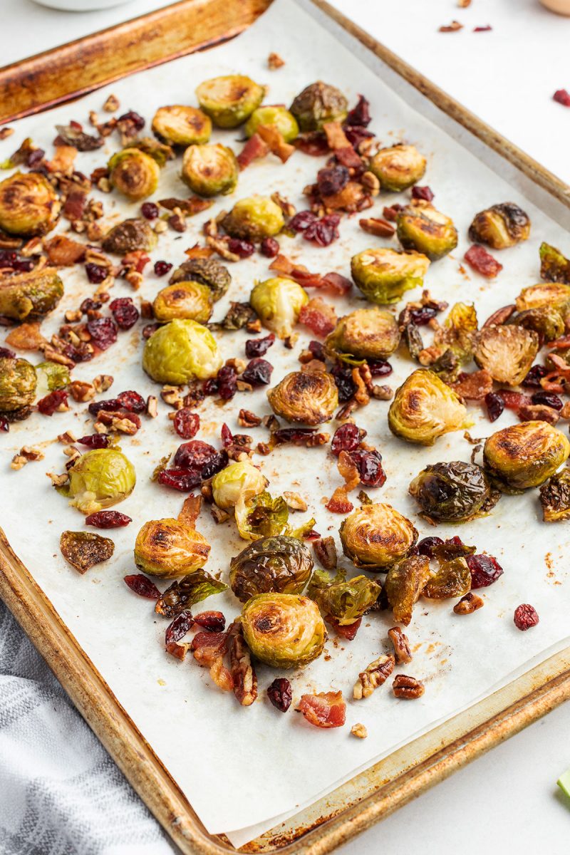 sheet pan with roasted brussel sprouts, bacon and pecans
