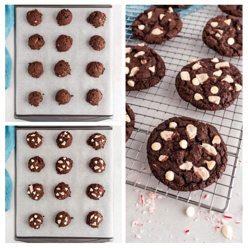 collage of chocolate peppermint cookies on a baking sheet and cooling rack