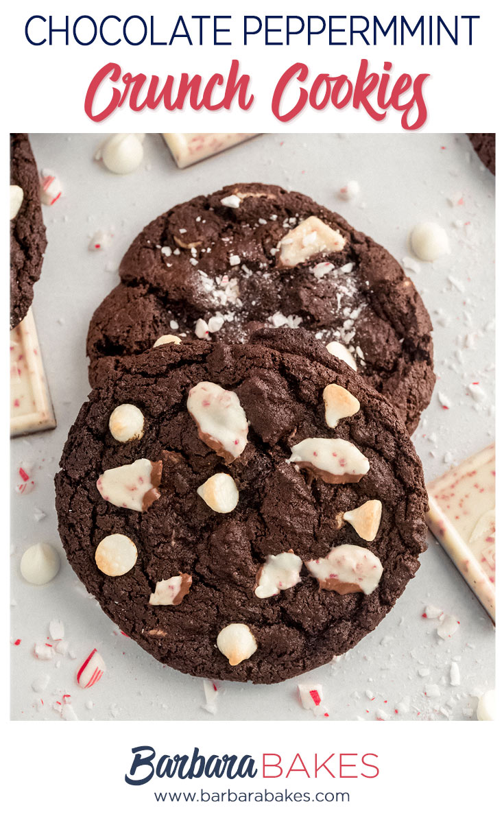 chocolate peppermint cookies with crushed candy canes and peppermint bark
