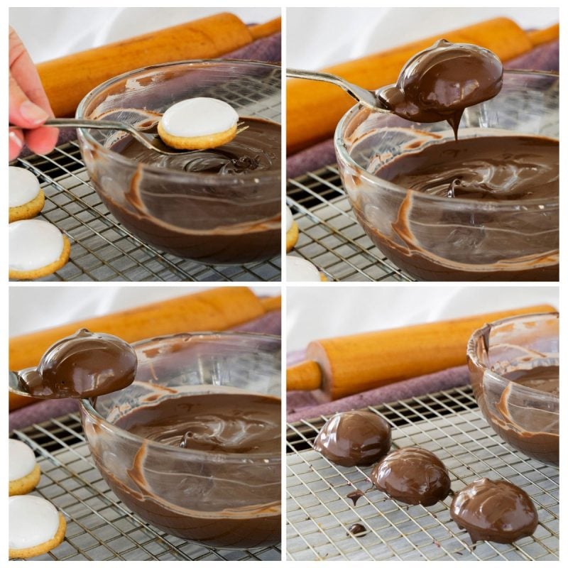 dipping marshmallow cookies in melted chocolate