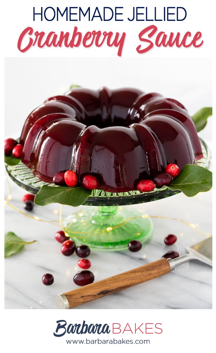 bundt pan molded jellied cranberry sauce on a cake stand with fresh cranberries