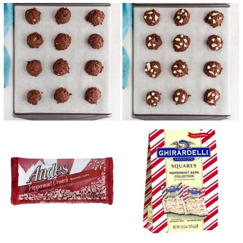 chocolate peppermitn cookies on a baking sheet with the holiday candy packages they're made with