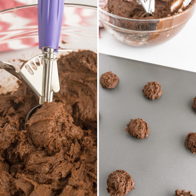 chocolate cookie dough on a baking sheet