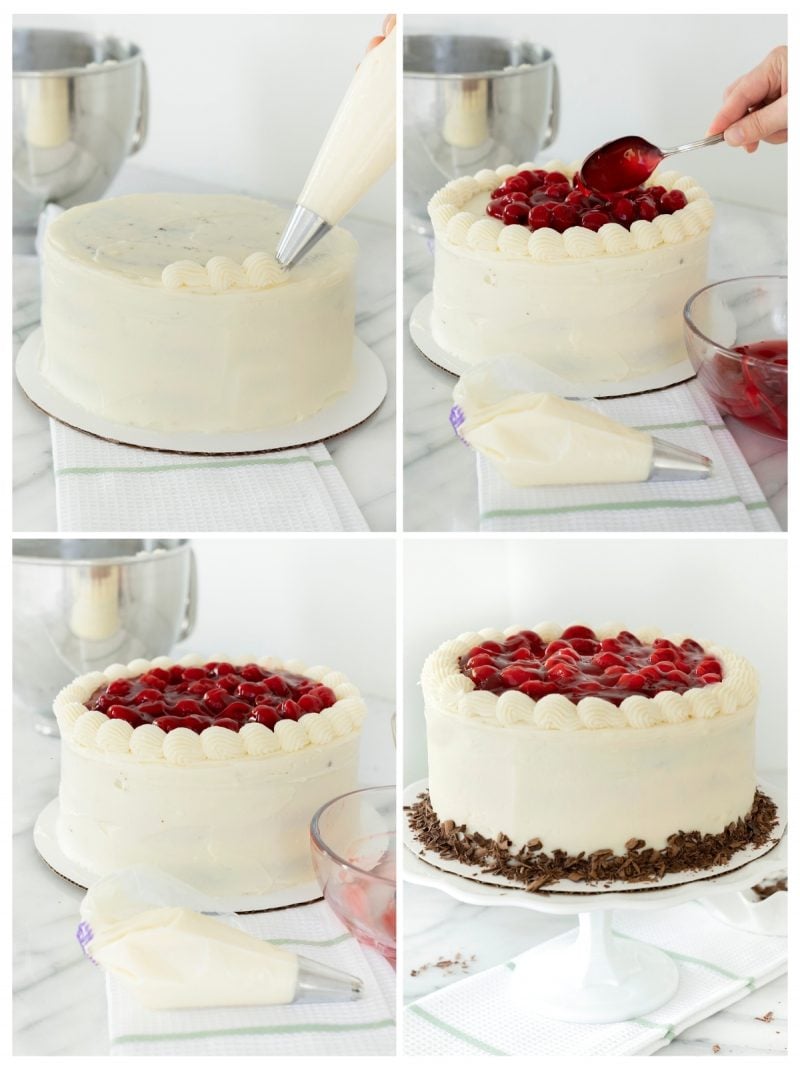 frosting black forest cheesecake with cherry preserves on top