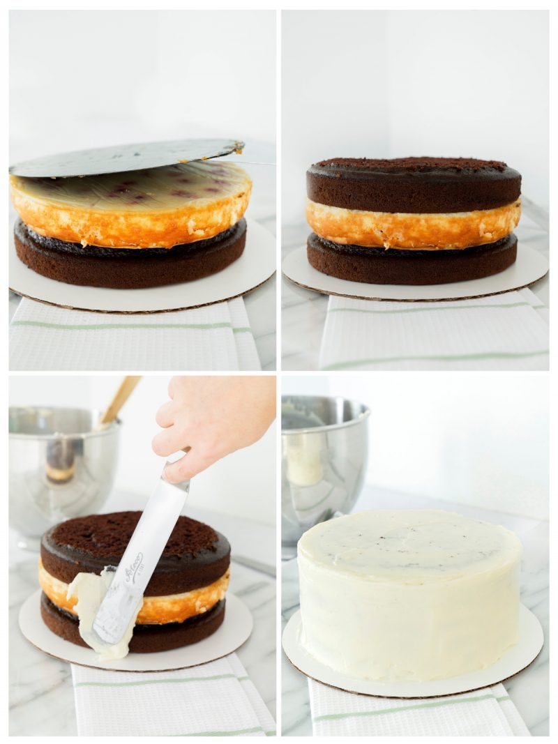 steps to assemble black forest cake with a cheesecake layer