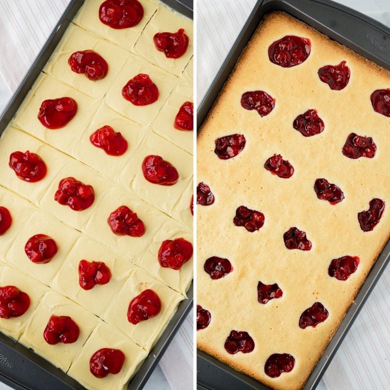 cooked and uncooked cherry pie bars in a baking pan