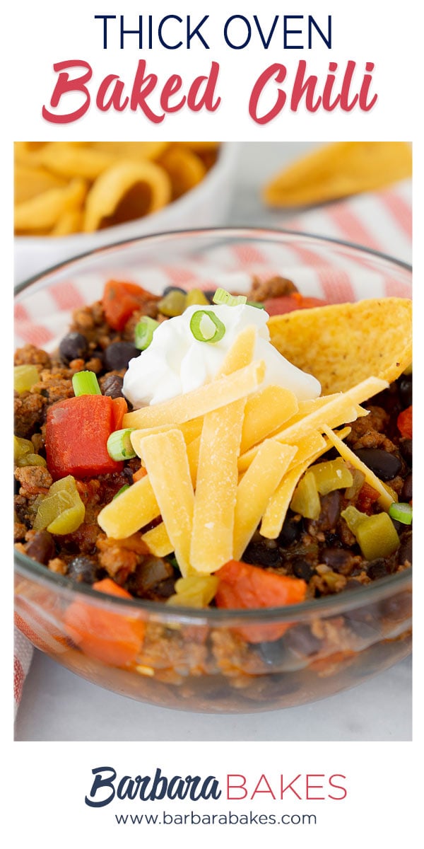 pinterest button for thick oven baked chili recipe