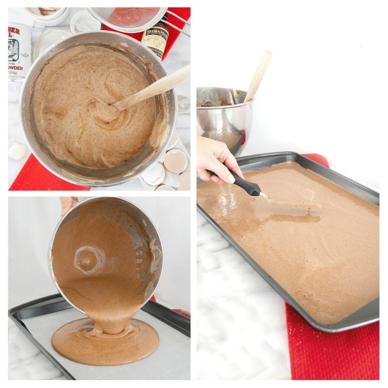 spreading chocolate sponge cake batter into a baking sheet