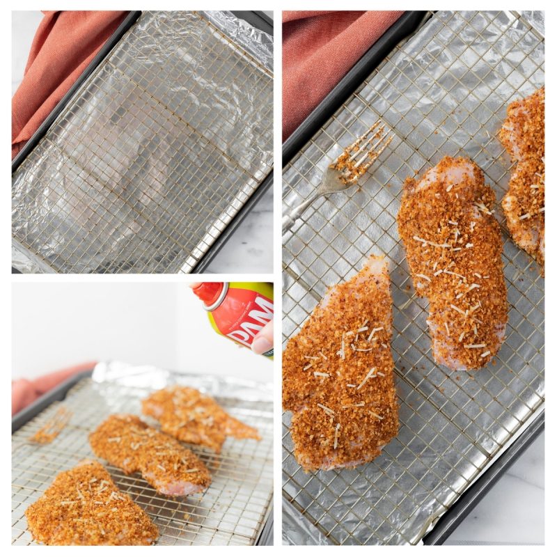 baking crispy chicken cutlets on a wire rack over a baking sheet