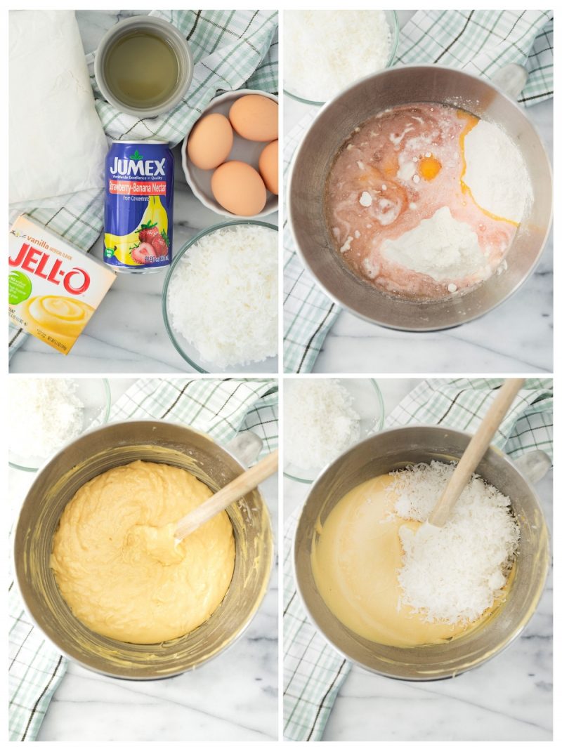 steps to make batter for coconut cupcakes in a stand mixer
