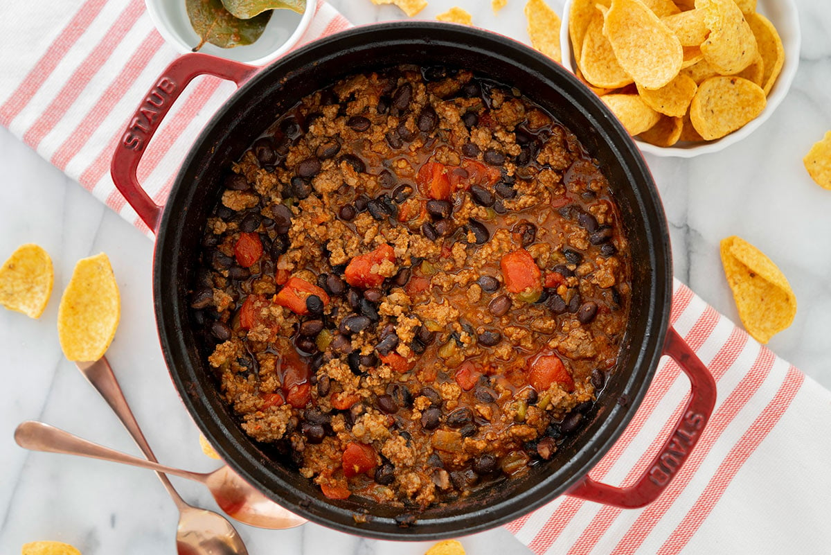 oven baked chili in cast iron pan
