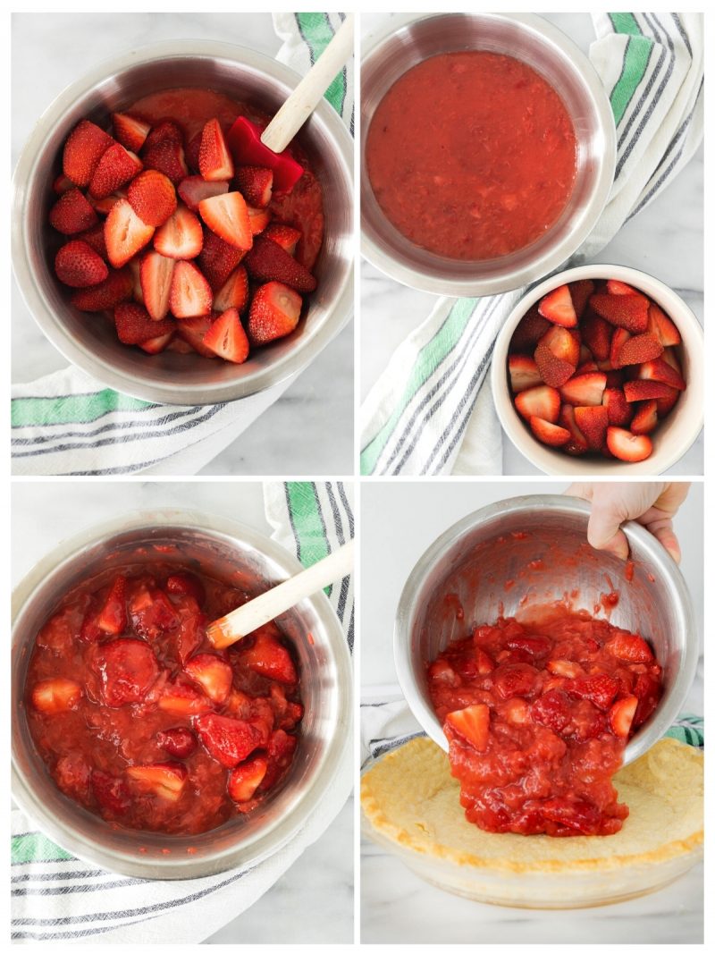 collage of the steps to make fresh strawberry filling for pie