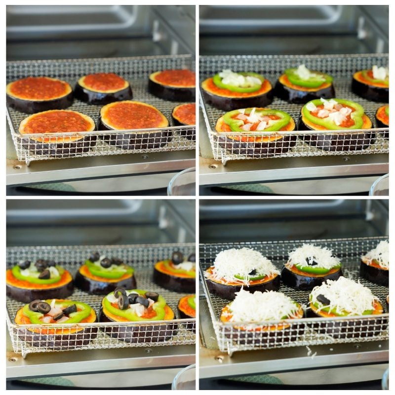 collage of building eggplant pizzas with marinara sauce, vegetables and cheese in the oven
