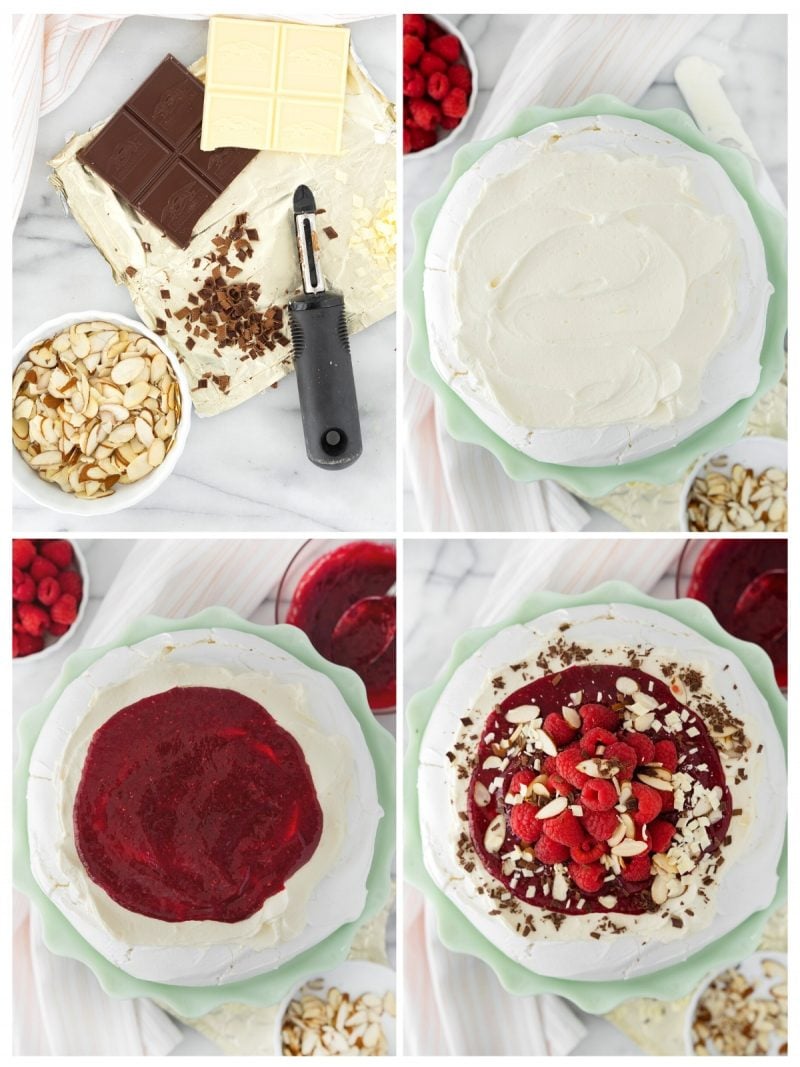overhead of the steps to assemble a pavlova with raspberries and white chocolate whipped cream