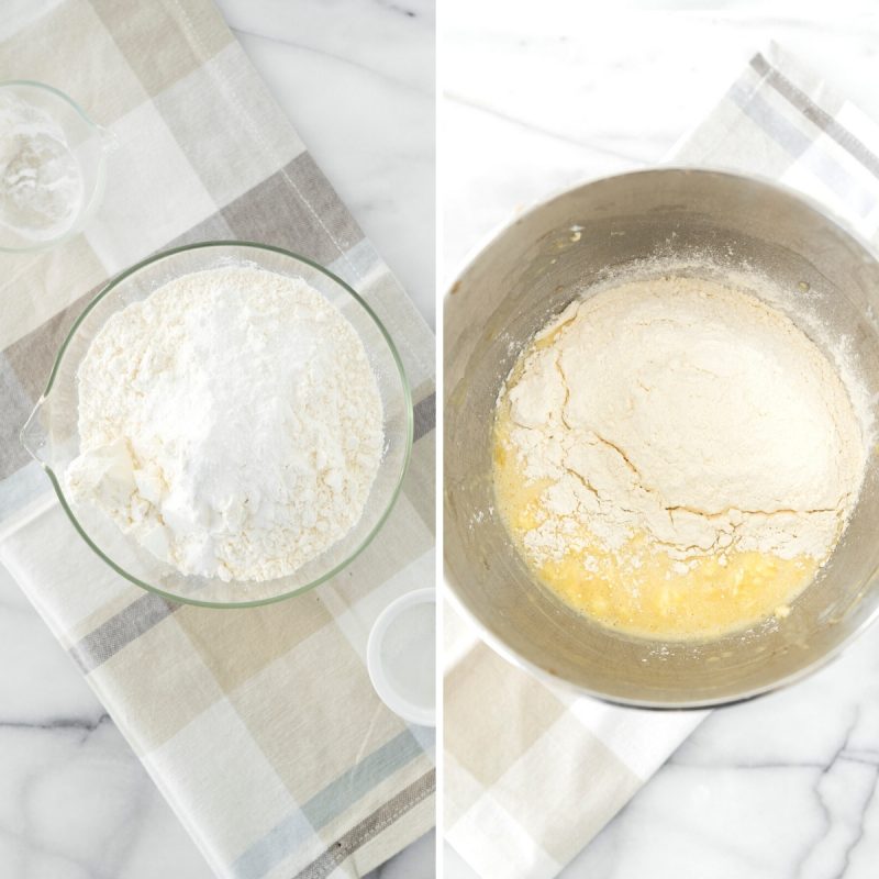 steps to mix banana bread batter in a mixing bowl