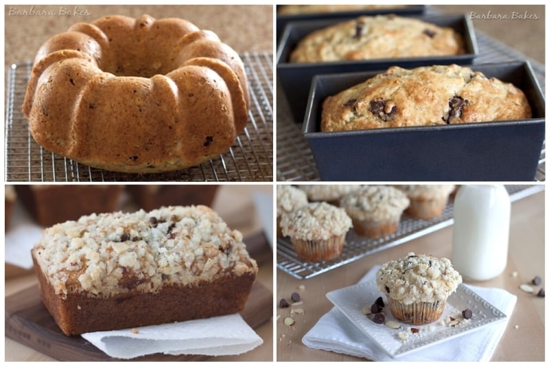 Banana bread baked in a bundt pan, loaf pans and as muffins
