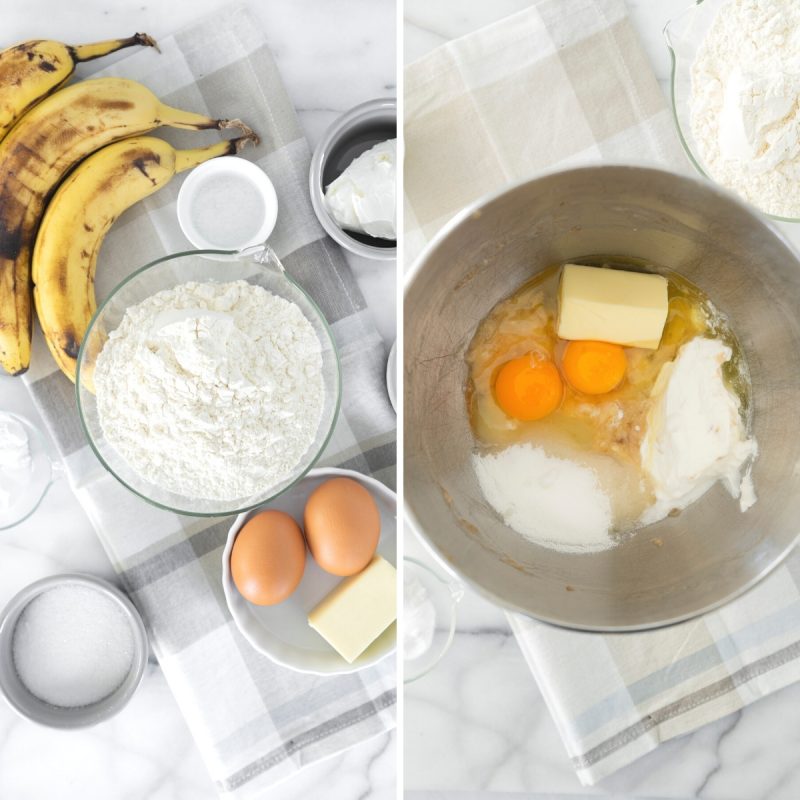 ingredients to mix batter for easy banana bread and batter in a metal bowl