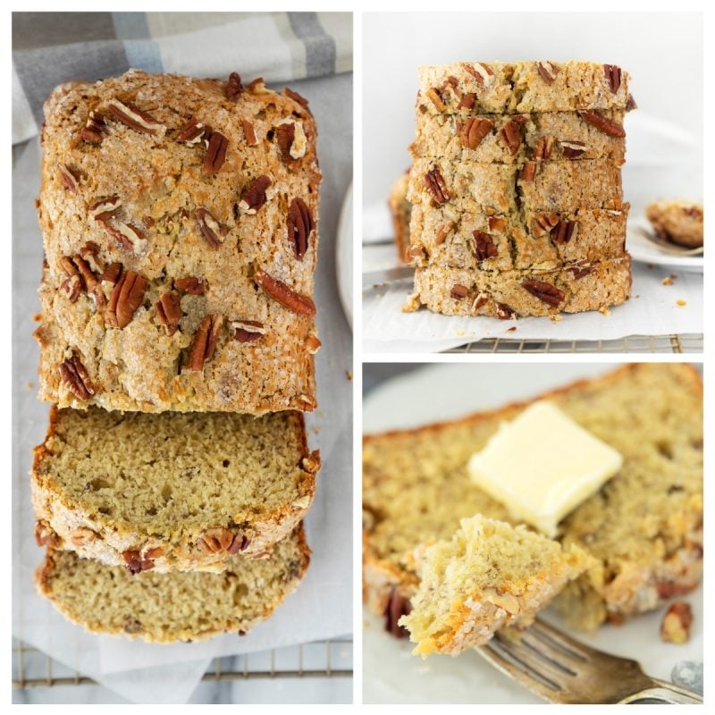 collage of images of sliced homemade banana bread