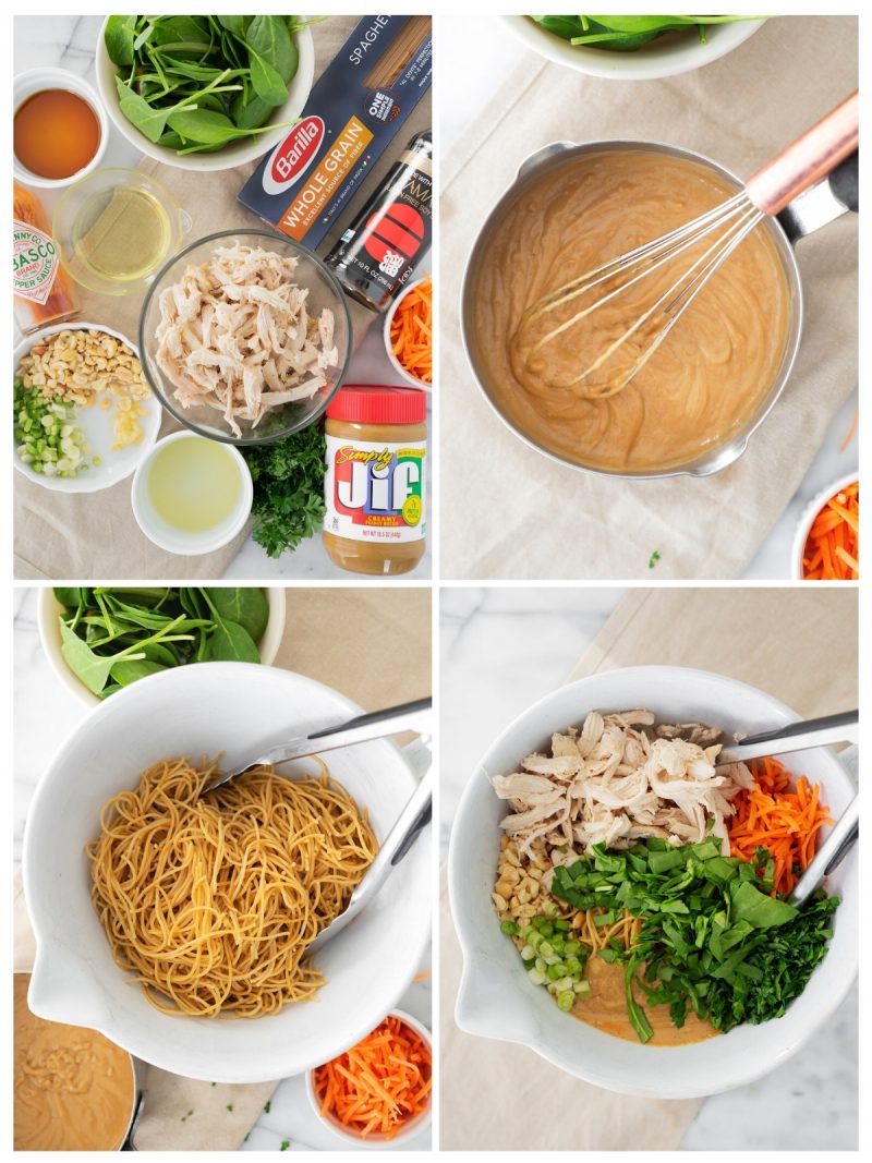 collage overhead of steps to make noodle salad with satay sauce