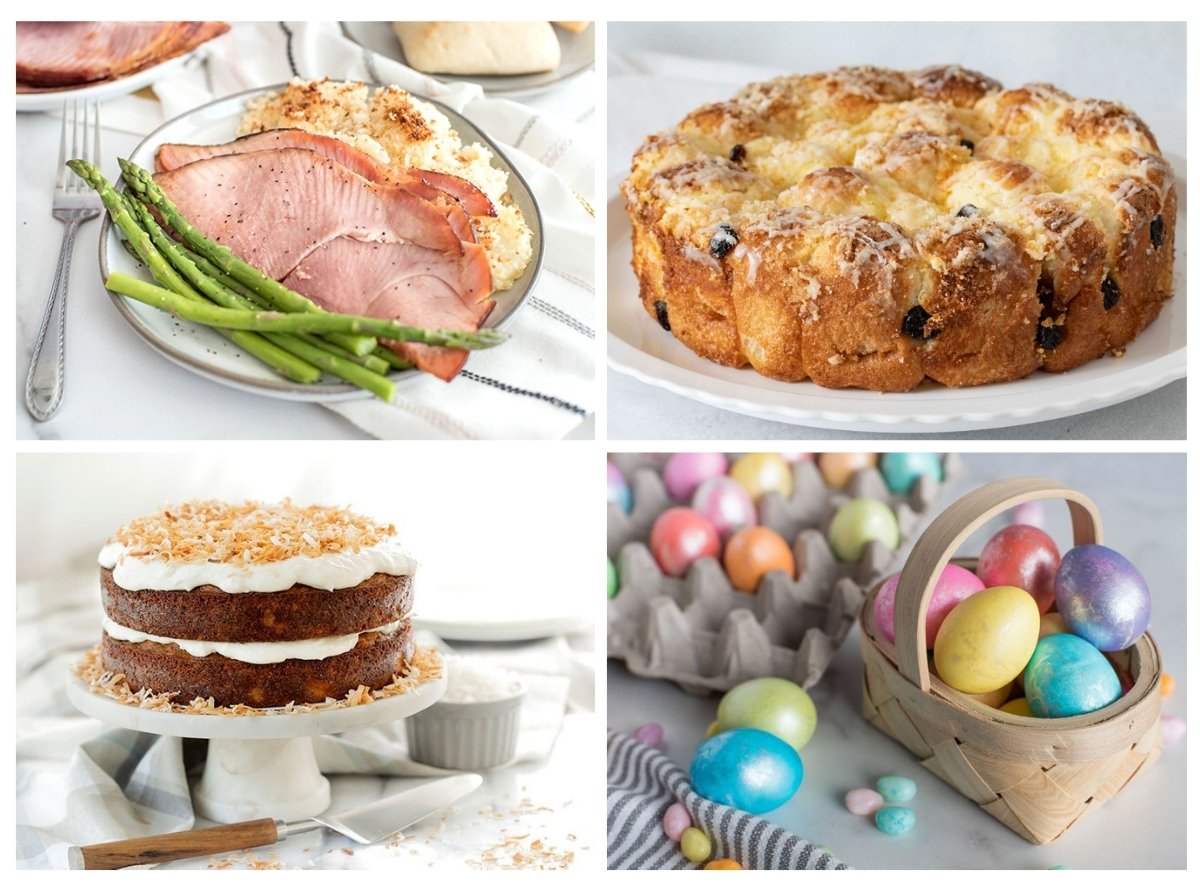 4 Easter recipes, ham, citrus pull-aparts, carrot cake and colored Easter Eggs. 