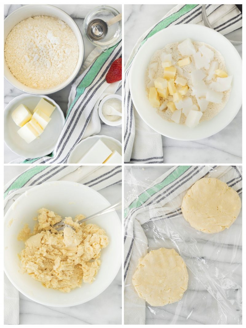 collage of steps to make homemade pie crust in a white mixing bowl