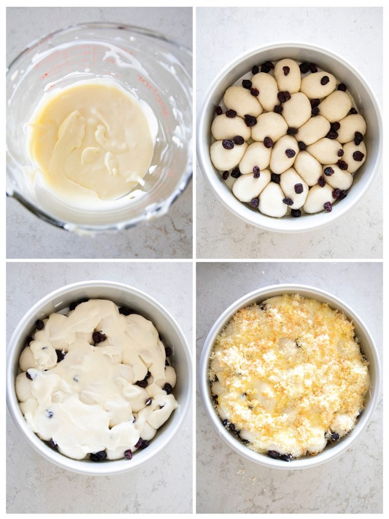 overhead collage of filling a cake pan with rolls and cream cheese filling