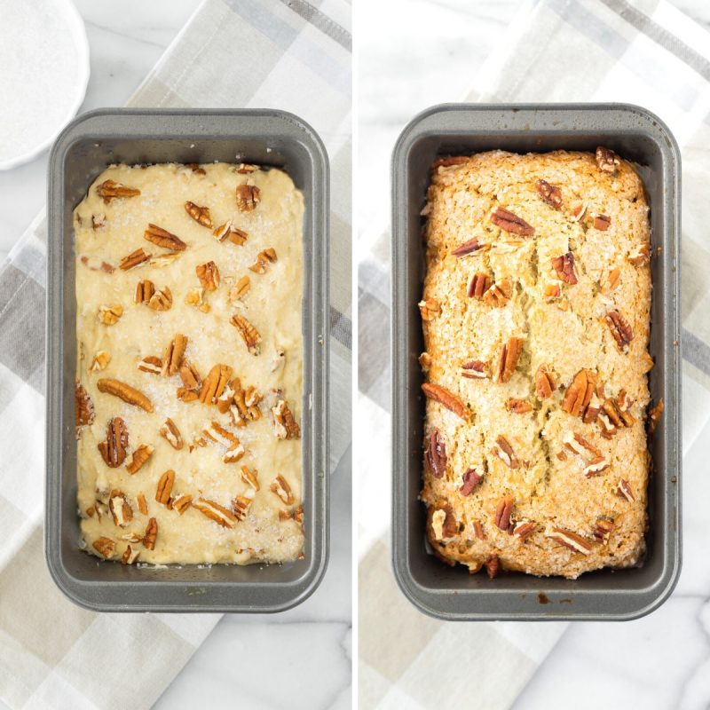 two loaf pans with banana bread batter 