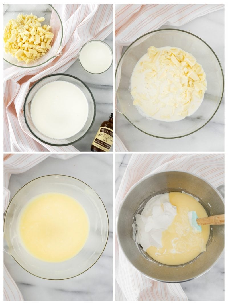 steps to make white chocolate whipped cream in a mixing bowl