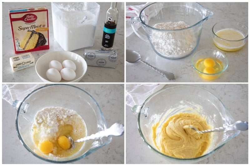 steps and ingredients to make gooey butter cake with boxed cake mix