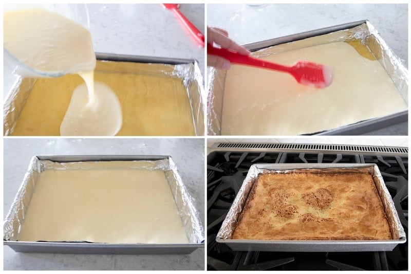steps to put the cake and cream cheese layer in a baking dish 