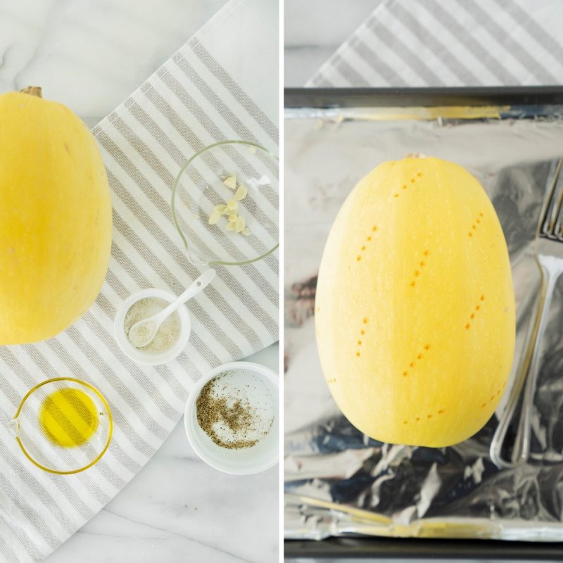 collage of two steps in making roasted whole spaghetti squash