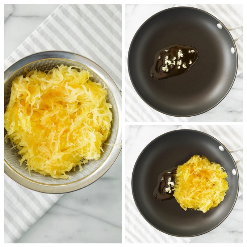 collage of three pans showing how to fry spaghetti squash in a skillet after baking