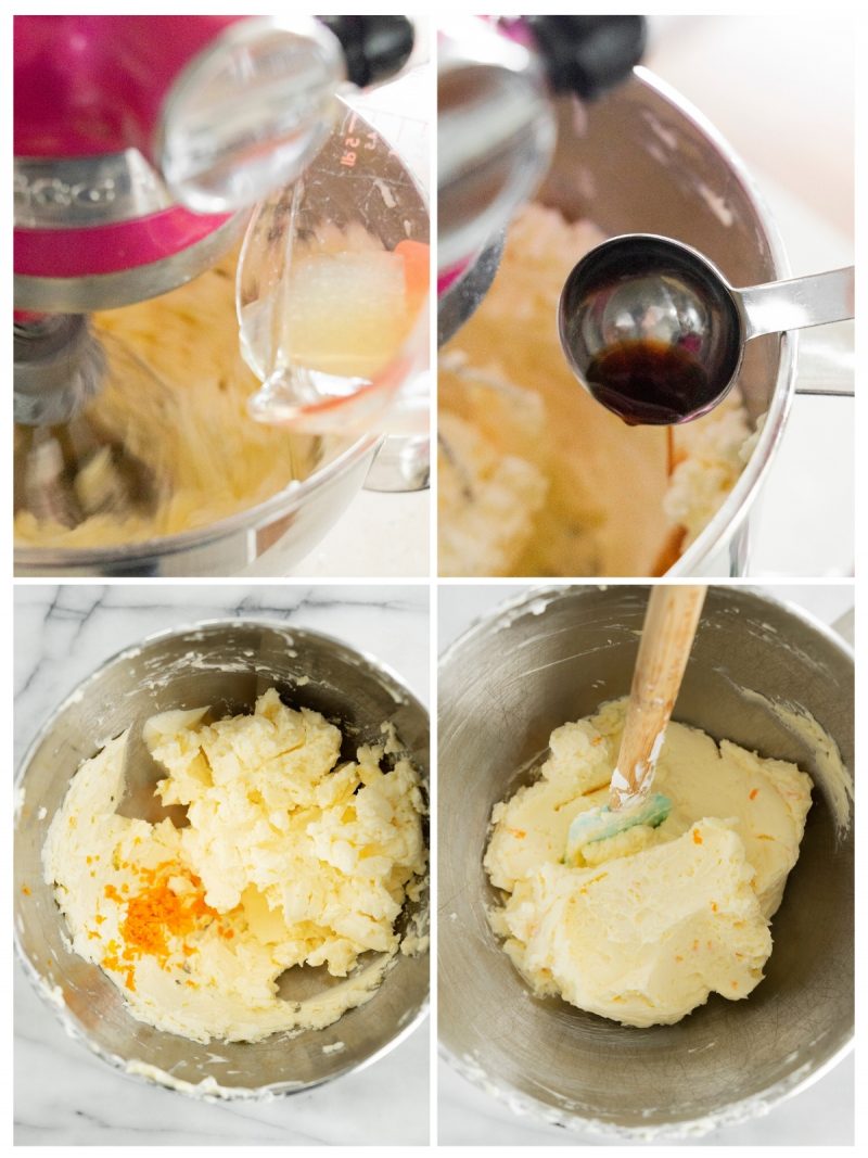 collage of adding ingredients to a stand mixer to make orange buttercream frosting